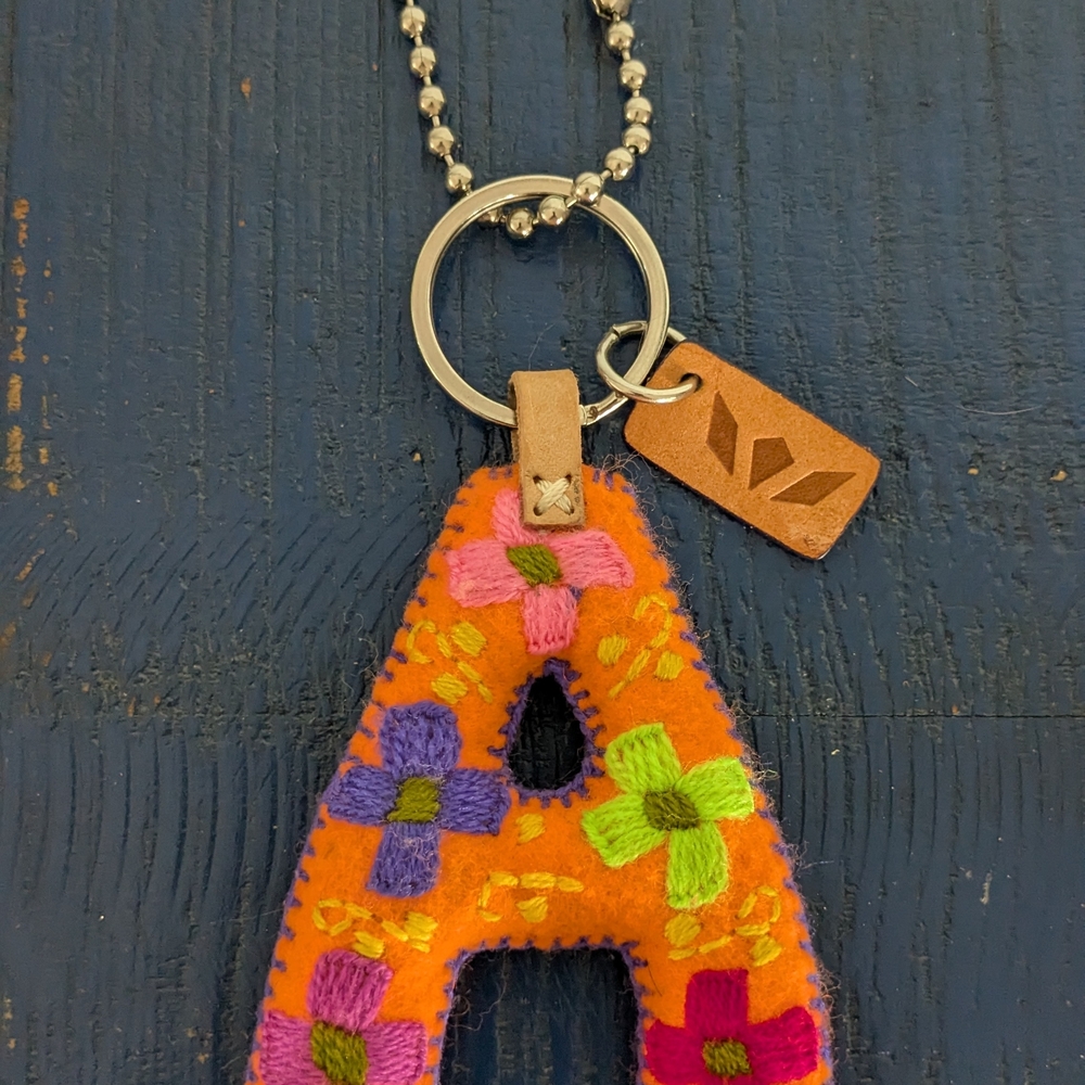 Consuela Orange Floral Embroidered 'A' Keychain